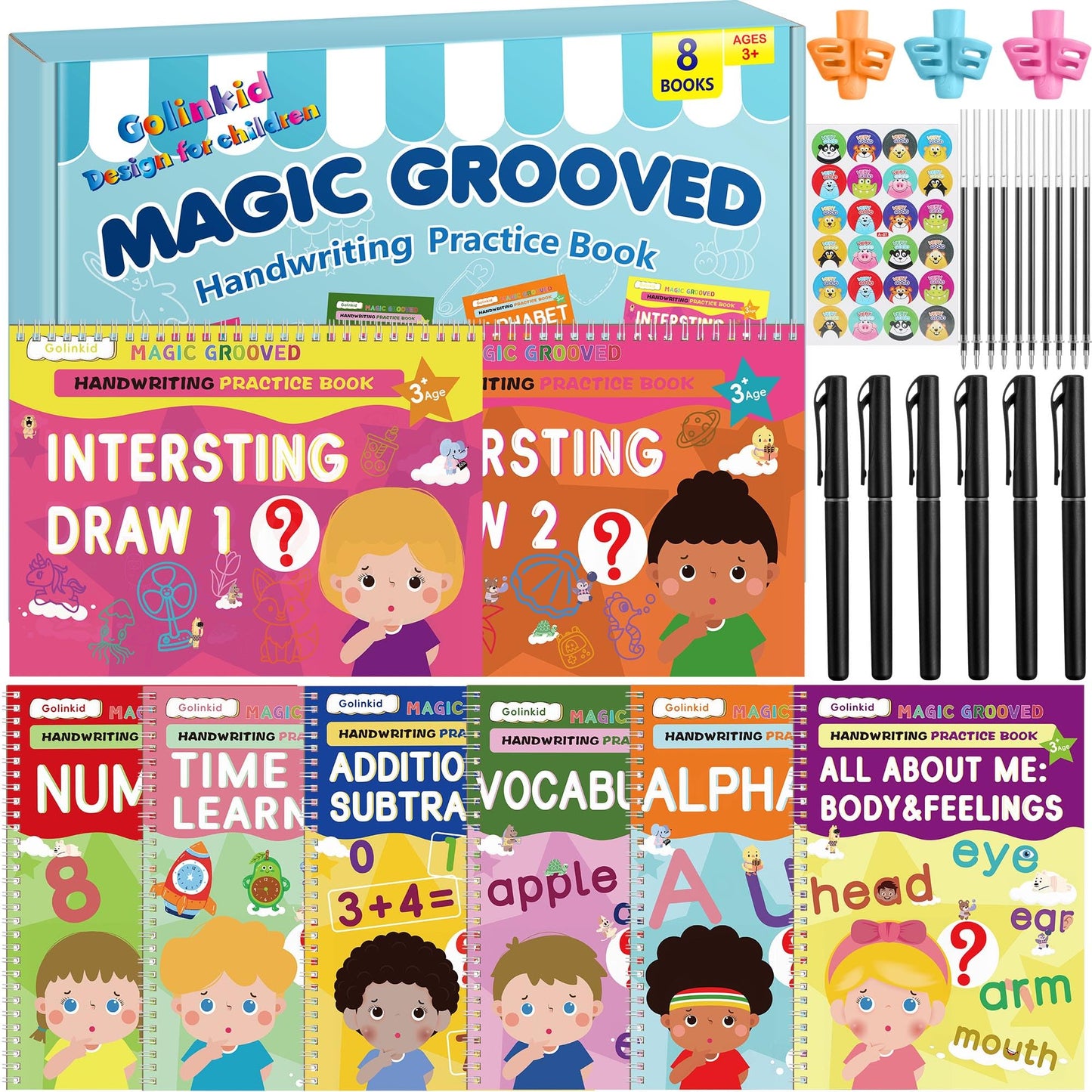 Golinkid Magic Grooved Writing Practice, grooved Handwriting Practice for Kids 8 Books, Preschool workbook for Ages 3-10 with 6 Magic pens 10 Ink Refills, 3 Pencil Grips for Kids Handwriting