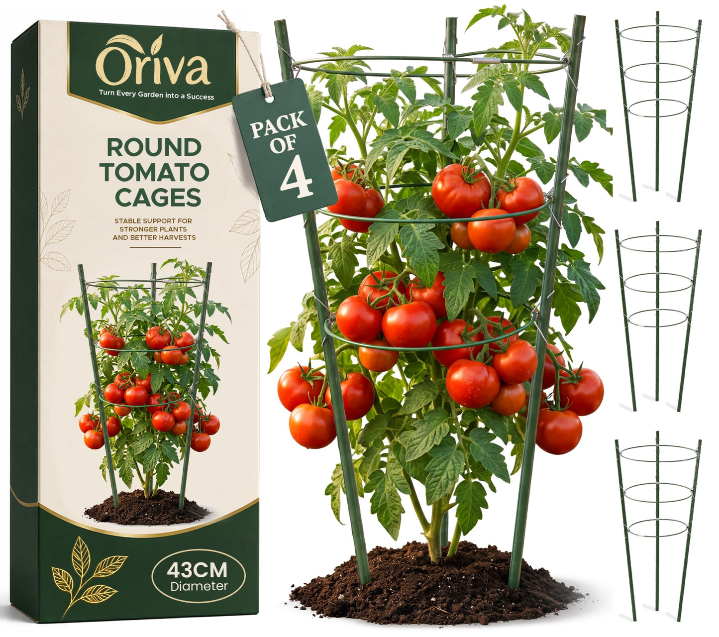 Oriva 4 Pack Round Tomato Cages for Garden, 43cm Adjustable Metal Tomato Cage with Anti Slip Locking Rings, Tomato Trellis and Plant Support for Raised Garden Beds, Pots and Climbing Vegetables