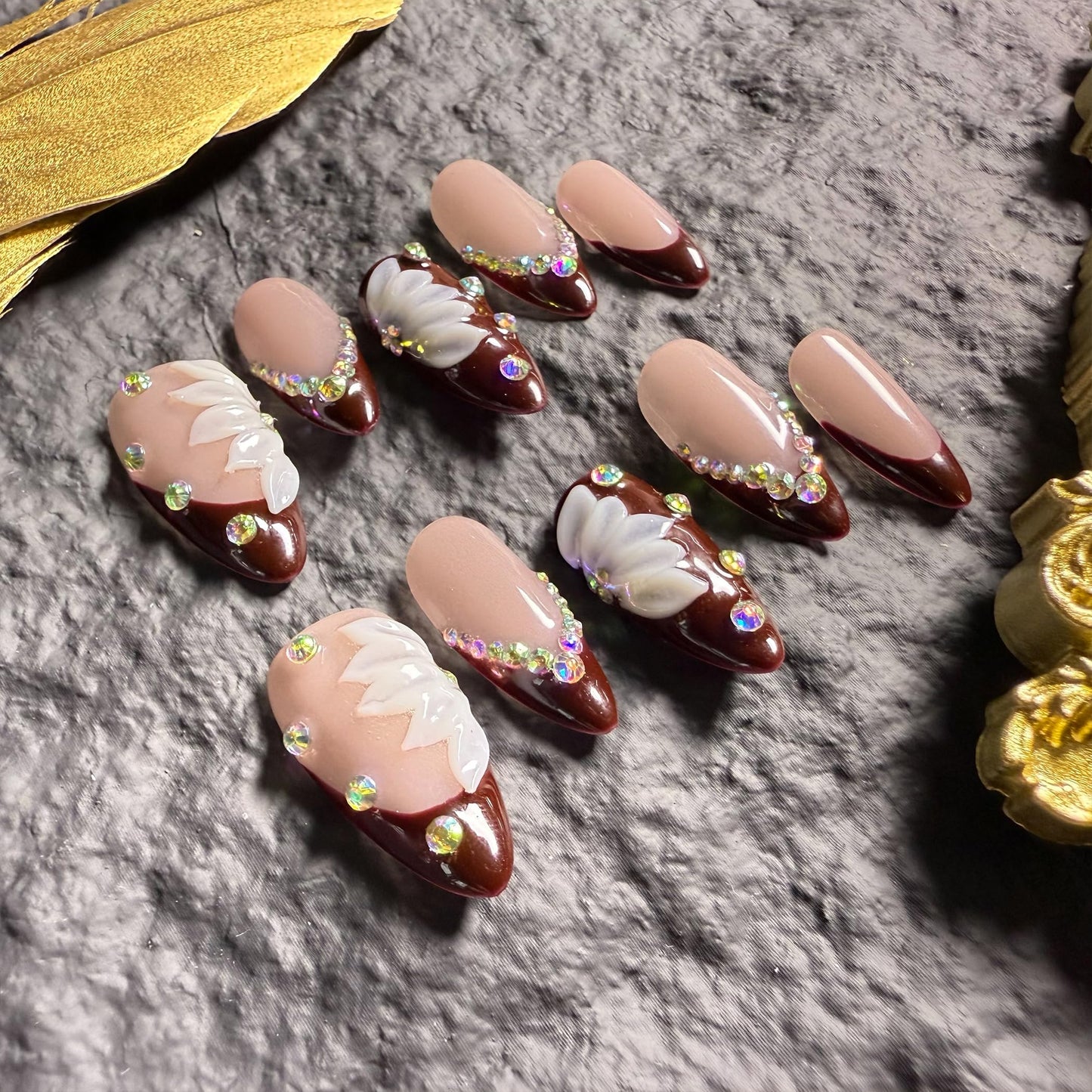 Handmade Press On Nails Almond Medium Elegant Cherry Red French With Rhinestone Detail Handmade Nails 3d Dloral Reusable Wedding Prom And Festival Acrylic Press On Nails (Medium)