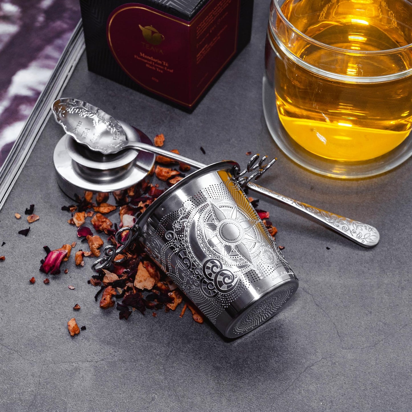 Premium Stainless Steel Tea Infuser Basket Gift Set - Gold Plated Loose Leaf Tea Steeper with Floral Engraved Lid, Stand & Fine Mesh Filter | Best Tea Strainer for Tea Lover