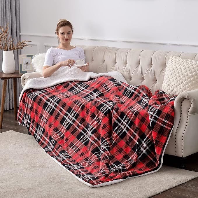 SOCHOW Sherpa Plaid Fleece Throw Blanket, Double-Sided Super Soft Luxurious Bedding Blanket 60 x 80 inches, Red/Grey