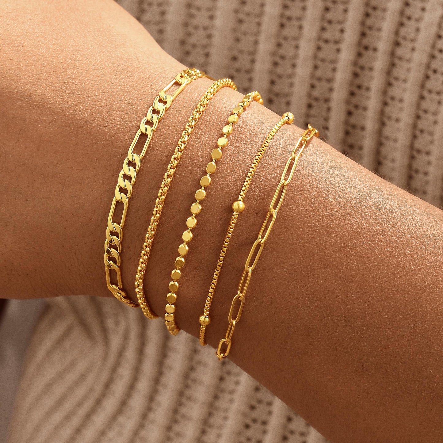 Striviio Gold Bracelets for Women, 14K Gold Plated Stackable Bracelet Stack Set Adjustable Charm Paperclip Chain Snake Link Layered Waterproof Jewelry Sets Gifts