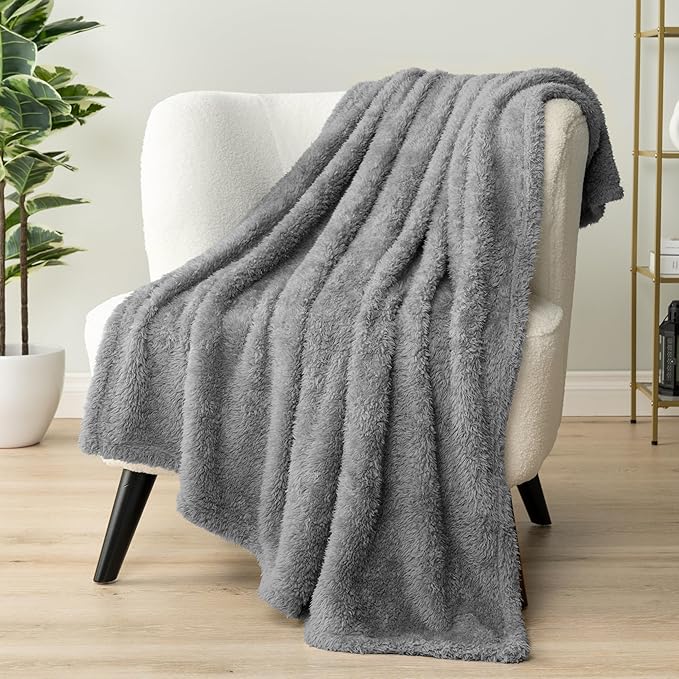 PAVILIA Sherpa Throw Blanket for Couch Sofa, Grey Fluffy Warm Plush Blanket for Bed, Cozy Super Soft Lightweight Throw, Fuzzy Decorative Blanket, All Season Home, 50x60
