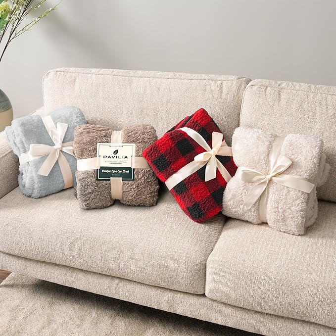 PAVILIA Sherpa Throw Blanket for Couch Sofa, Light Grey Fluffy Warm Plush Blanket for Bed, Cozy Super Soft Lightweight Throw, Fuzzy Decorative Blanket, All Season Home, 50x60