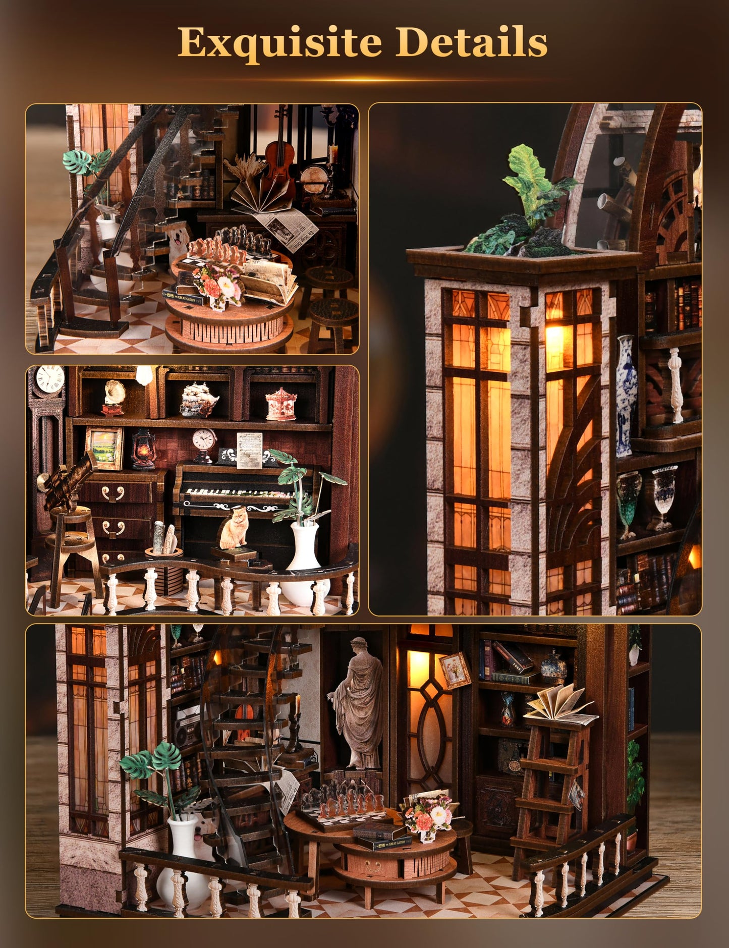 BESSERITE Book Nook Kit for Adults, Basque Study DIY Miniature House Kit, Two-Story Tiny House with Spiral Staircase, 3D Puzzles for Adults, Retro Diorama Bookshelf Decor