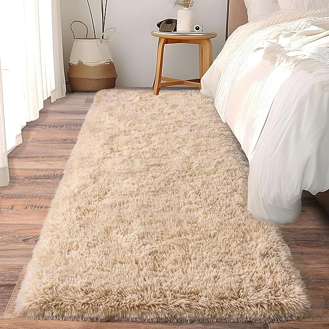 Soft Runner Rugs for Bedroom Hallways, 2 Packs 2x6 Beige Fluffy Shag Throw Area Rug Non Slip for Bedside Dorm, Long Shaggy Furry Carpet for Nursery Living Room