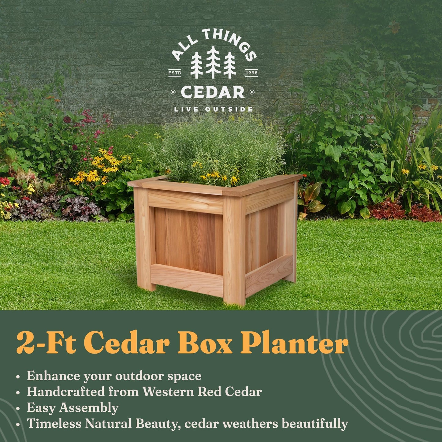 All Things Cedar Box Planter, Elevated Outdoor Cedar Wood Garden Bed, 2 Ft Wide, Natural