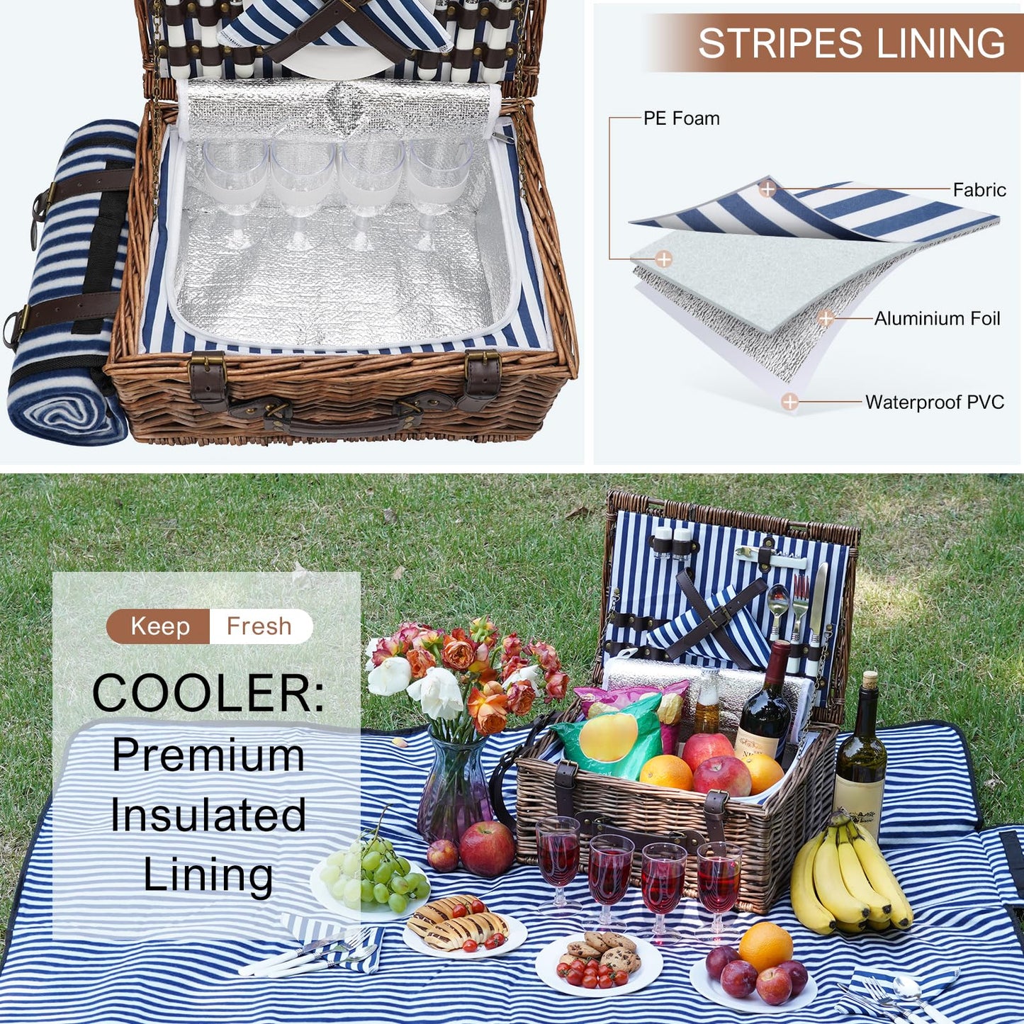 Picnic Basket for 4 Persons - Baskets with Cooler and Picnic Blanket, Classical Wicker Picnic Basket with Waterproof & Sand-Proof Beach Mat,Willow Hamper Service Gift Set