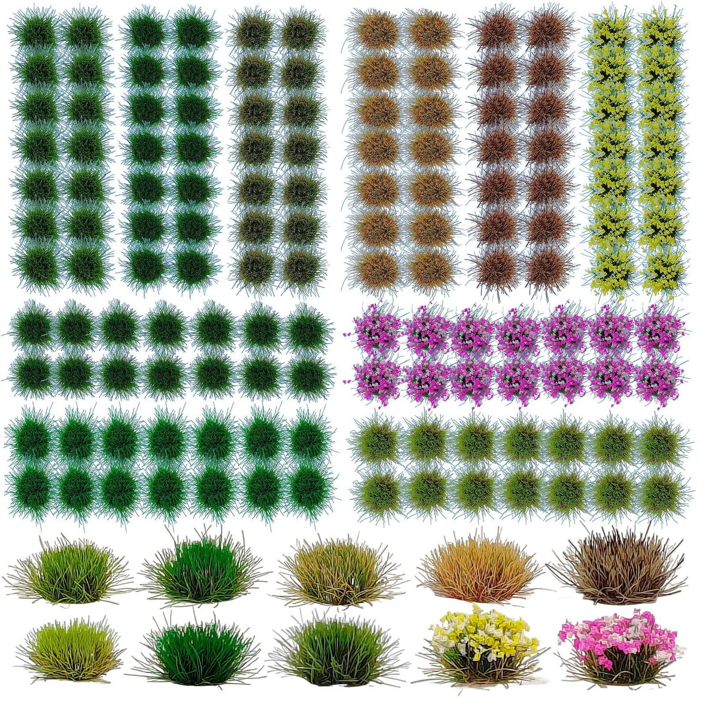 gdeplok 140 Pcs Static Grass Tufts & Miniature Flower Clusters - Artificial Grass Terrain Scenery Kit for Model Train Railway, Military Sand Table, DIY Diorama Landscape