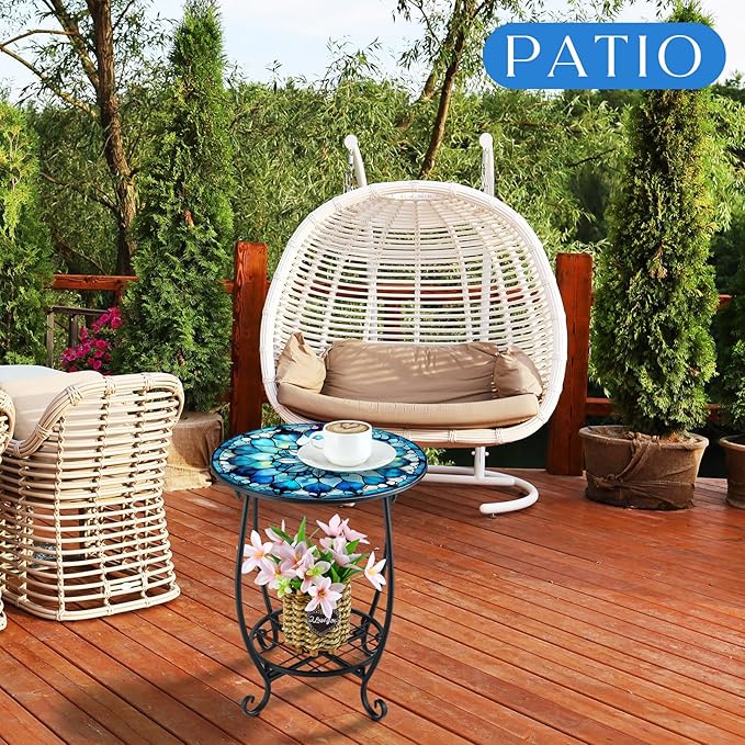Outdoor Side Table Round Small Mosaic Patio Accent Indoor End Plant Coffee Tea Table for Yard Patio Porch Garden Living Room, Bedroom(Mandala Style,12 Inch)