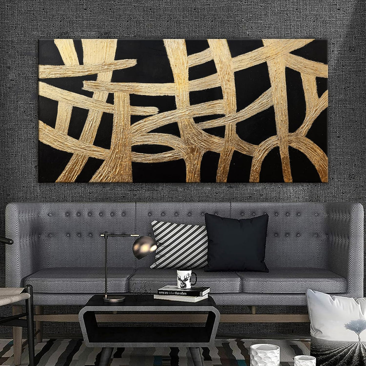 Abstract Wall Art Paintings Wall Decor Large Canvas Wall Art Decor Black And Gold Lines Texture Wall Art Artwork Modern Minimalist Wall Art Living Room For Room Bedroom Office Wall Decor 29"X58"