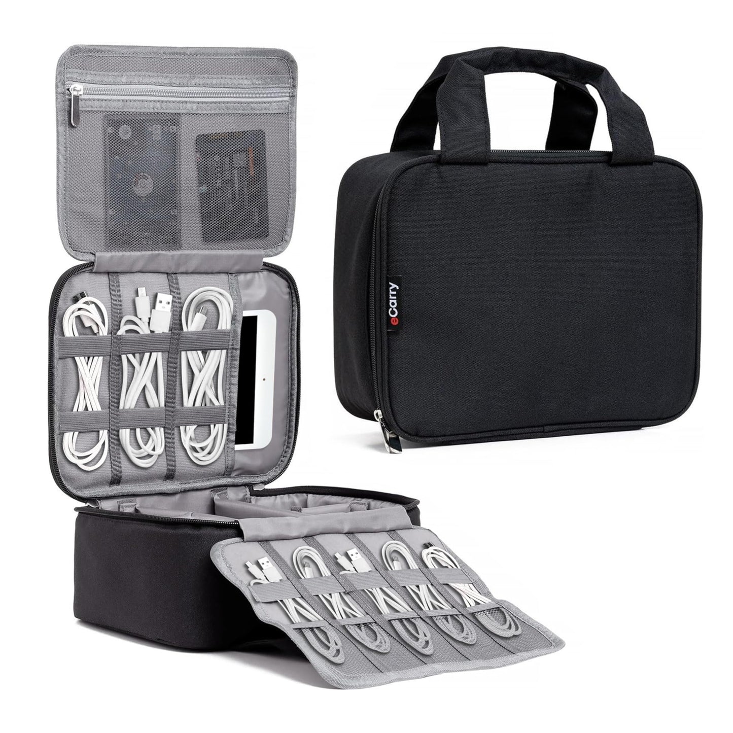 eCarry Electronics Organizer Case - Multi-Layer Full Flat Opening With Compartments and Pockets - Cord Organizer for Accessories, Cables, Electronics Travel