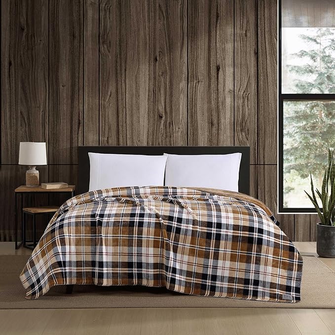 Eddie Bauer - Twin Blanket, Reversible Plush Bedding, Plaid Home Decor, Oeko-Tex Certified (Tralhead Plaid Beige, Twin)