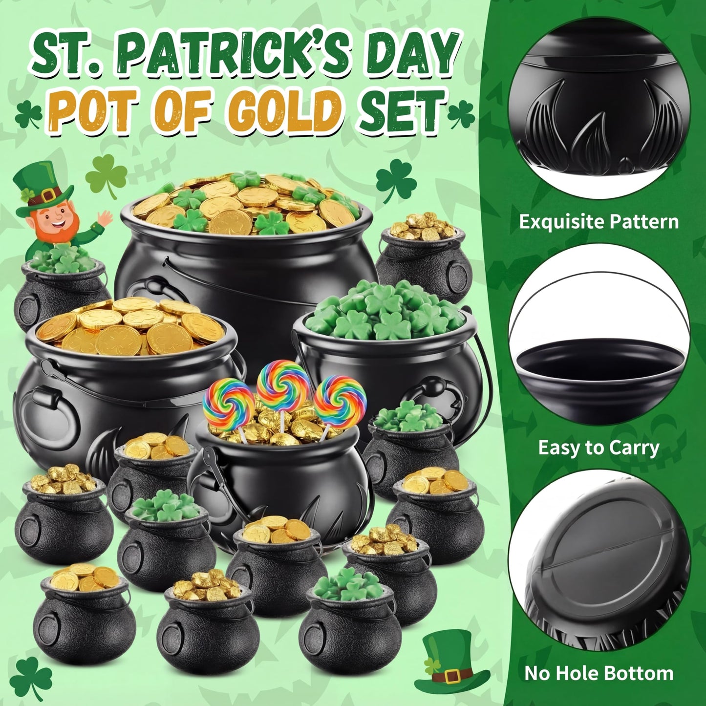 Threehoney 16 in 1 St. Patrick's Day Cauldron 12.8 9.8 7.6 5.7 2.7 Large Witch Leprechaun Pot for Irish Party Decoration Plastic Cauldron with Portable Carrying Handle Black Candy Pot Indoor Outdoor