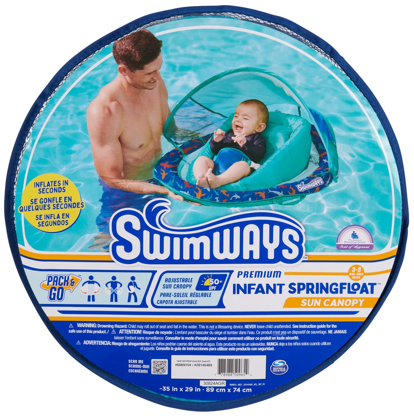 SwimWays Infant Spring Float, Baby Pool Float with Canopy, Swimming Pool Accessories for Kids 3-9 Months, Shark