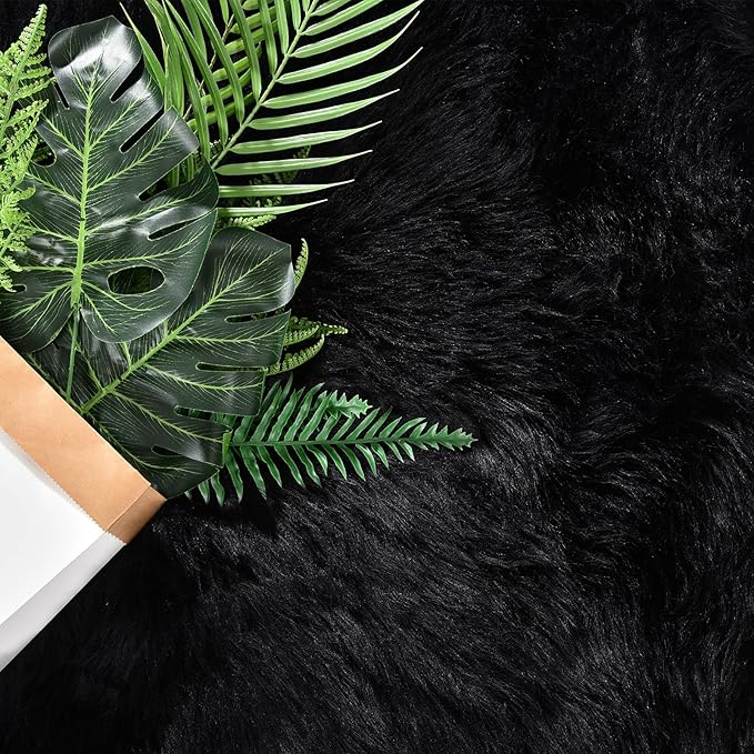 Goolela Black Sheepskin Area Rug 8x10 Fluffy Fuzzy Furry Shag Carpet for Living Room Bedroom Faux Fur Plush Rectangle