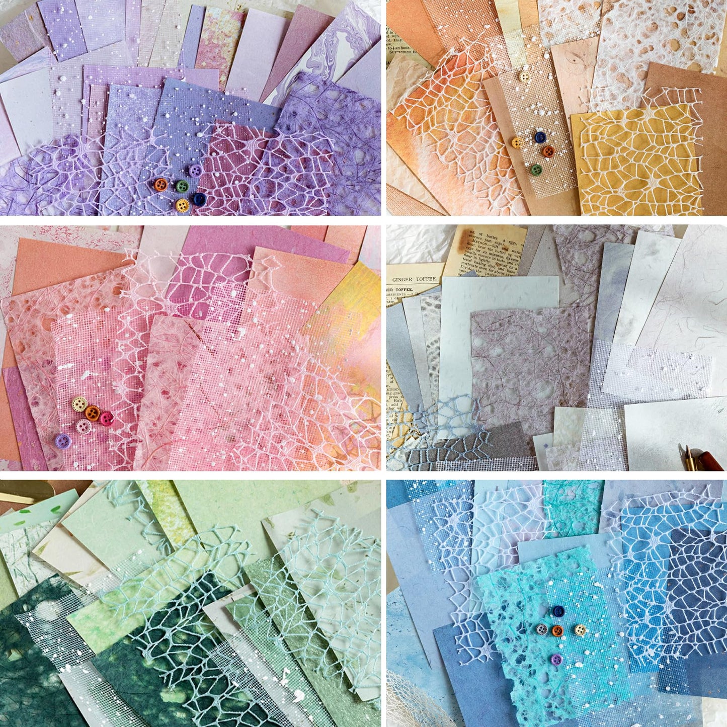 156 Sheets Textured Scrapbook Paper & Mesh Fabric Assorted Set +30 Buttons - 6 Pack Mixed Special Paper for DIY Scrapbooking Planner Bullet Junk Journal Supplies Collage Background 3.9x5.5 Inch