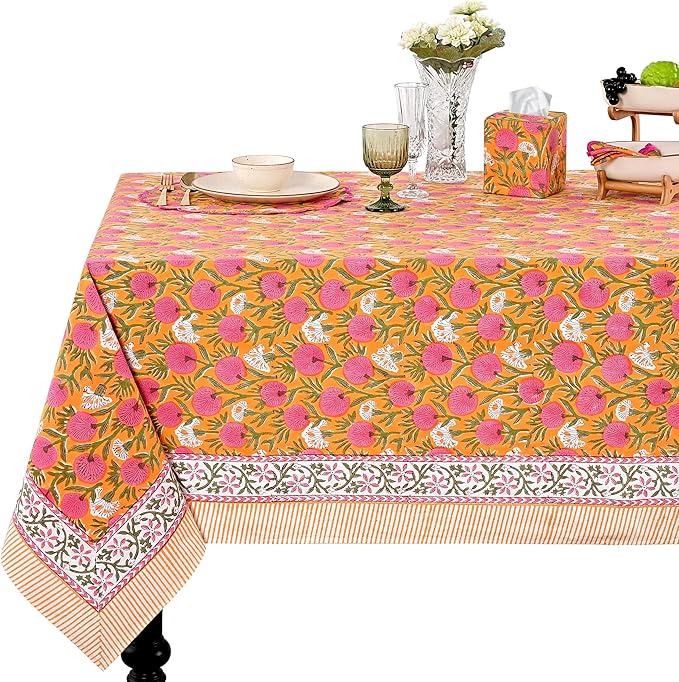 Ridhi Hand Block Print Bubblegum Pink Rectangle Cotton Tablecloth 108" x 60" Reusable Table Cover Decorative Everyday Use for Dining, Farmhouse, Home Gift for Spring, Easter, Valentine