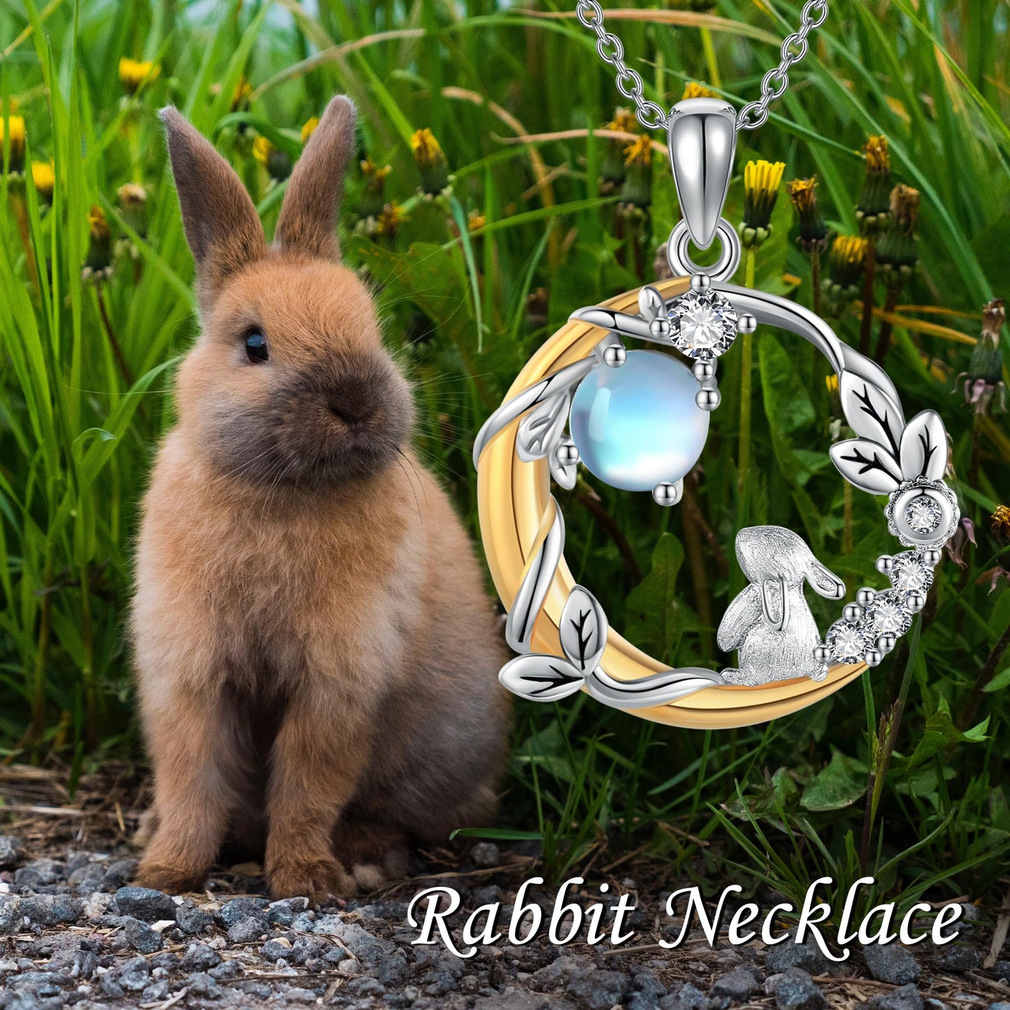 YAFEINI Bunny Moon Necklace Sterling Silver Rabbit Pendant Animal Mother's Day Jewelry for Women Mom