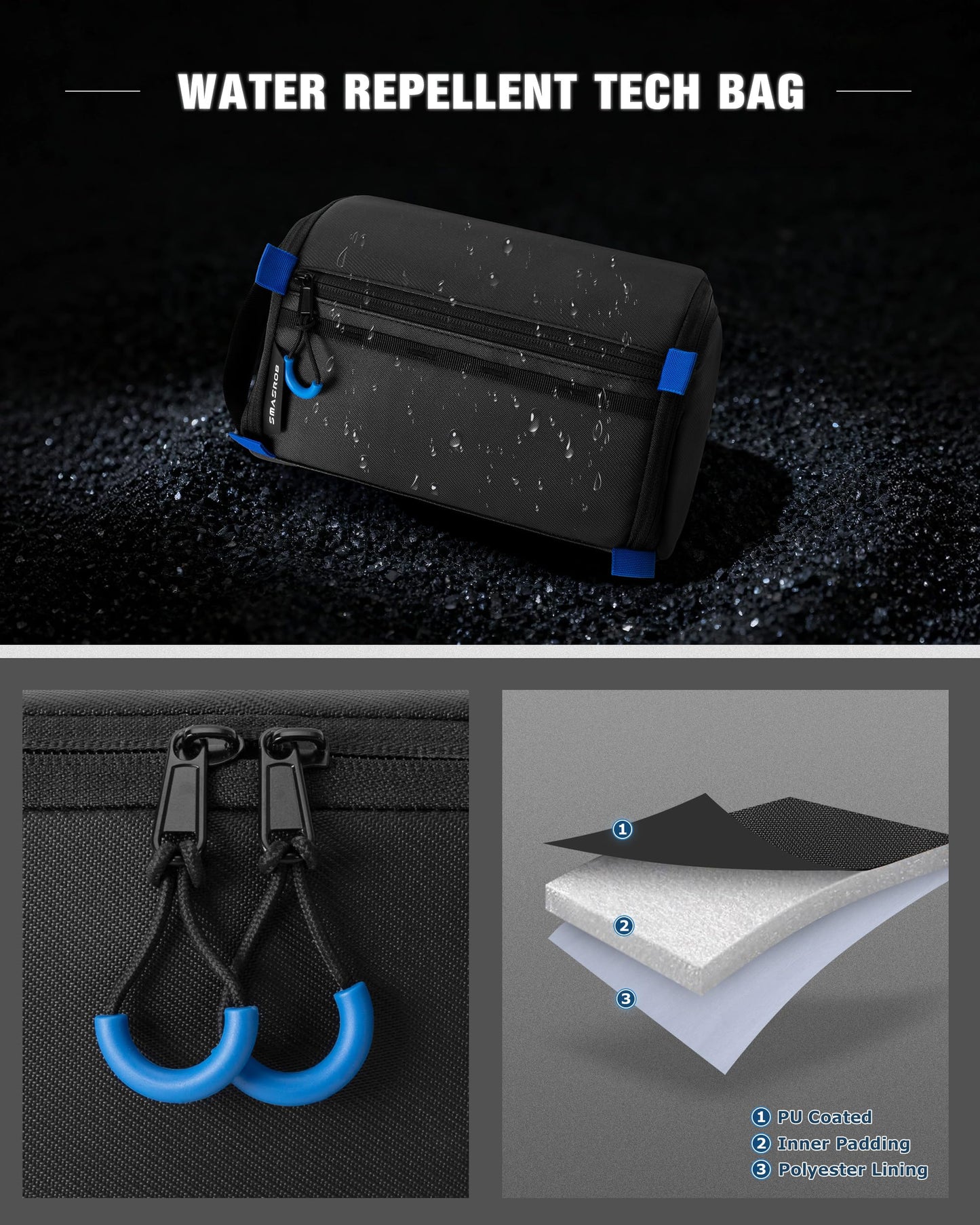 Smasrob Electronics Organizer Travel Case, Water Resistant Tech Bag Charger Pouch for Cord, Cable, Cards, Phone, Airpods, Black
