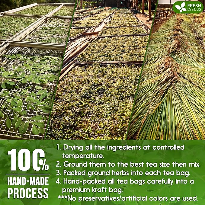 FreshDrinkUS, Premium 75 Tea Bags Tulsi Moringa Lemongrass, 100% Natural & Pure from Tulsi Holy Basil Leaves, Moringa & Lemongrass. Made with Natural Material Tea Bags. No Sugar, No Caffeine, Vegan.