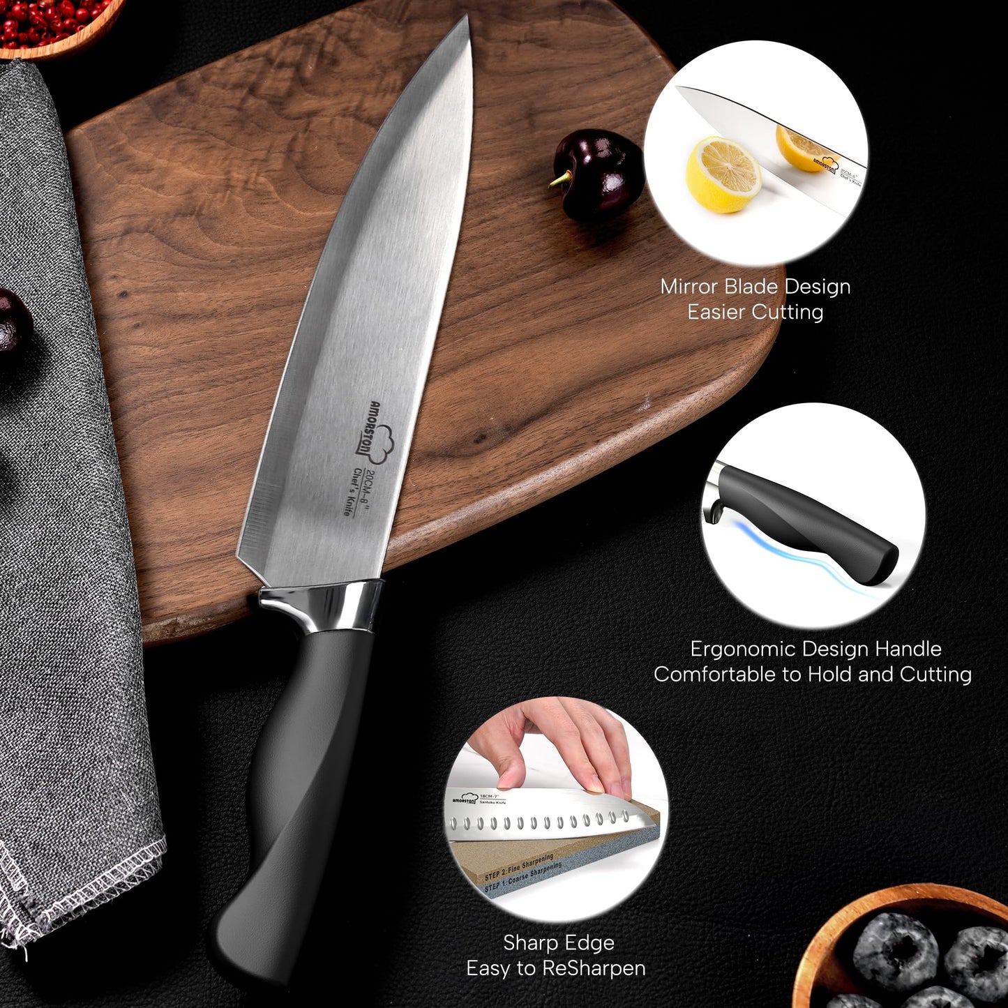 Knife Set, Amorston 14-Piece Kitchen Knives Set with Block & Sharpening Stone, Stainless Steel Dishwasher Safe, Knife Block Set with Ergonomic Handle, Professional Kitchen Knives for Home Cooking