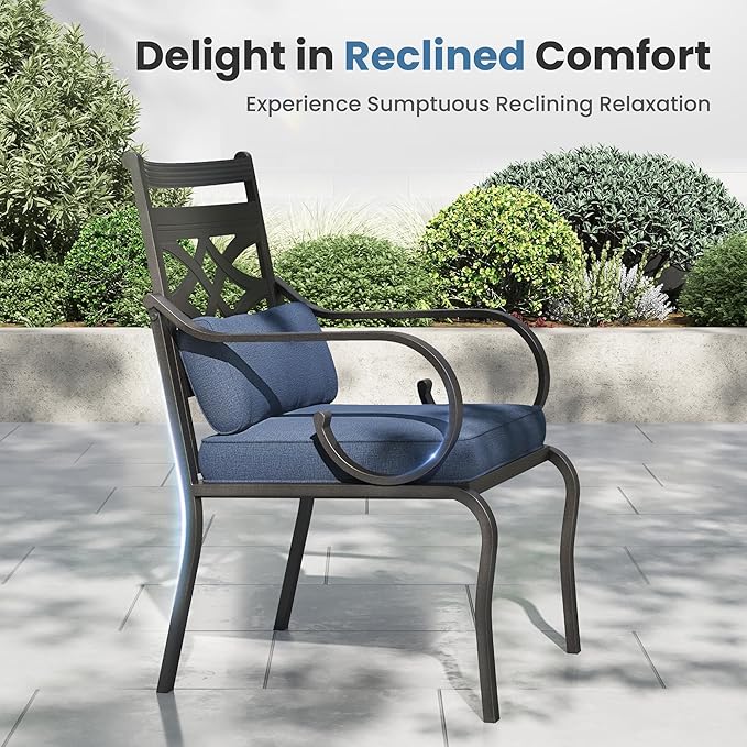 PHI VILLA 9 Pieces Outdoor Dining Set for 8, 60" Square Black Metal Table with Umbrella Hole & Wrought Iron Chairs, All Weather Outside Furniture with Blue Cushions & Pillows for Patio, Deck, Porch