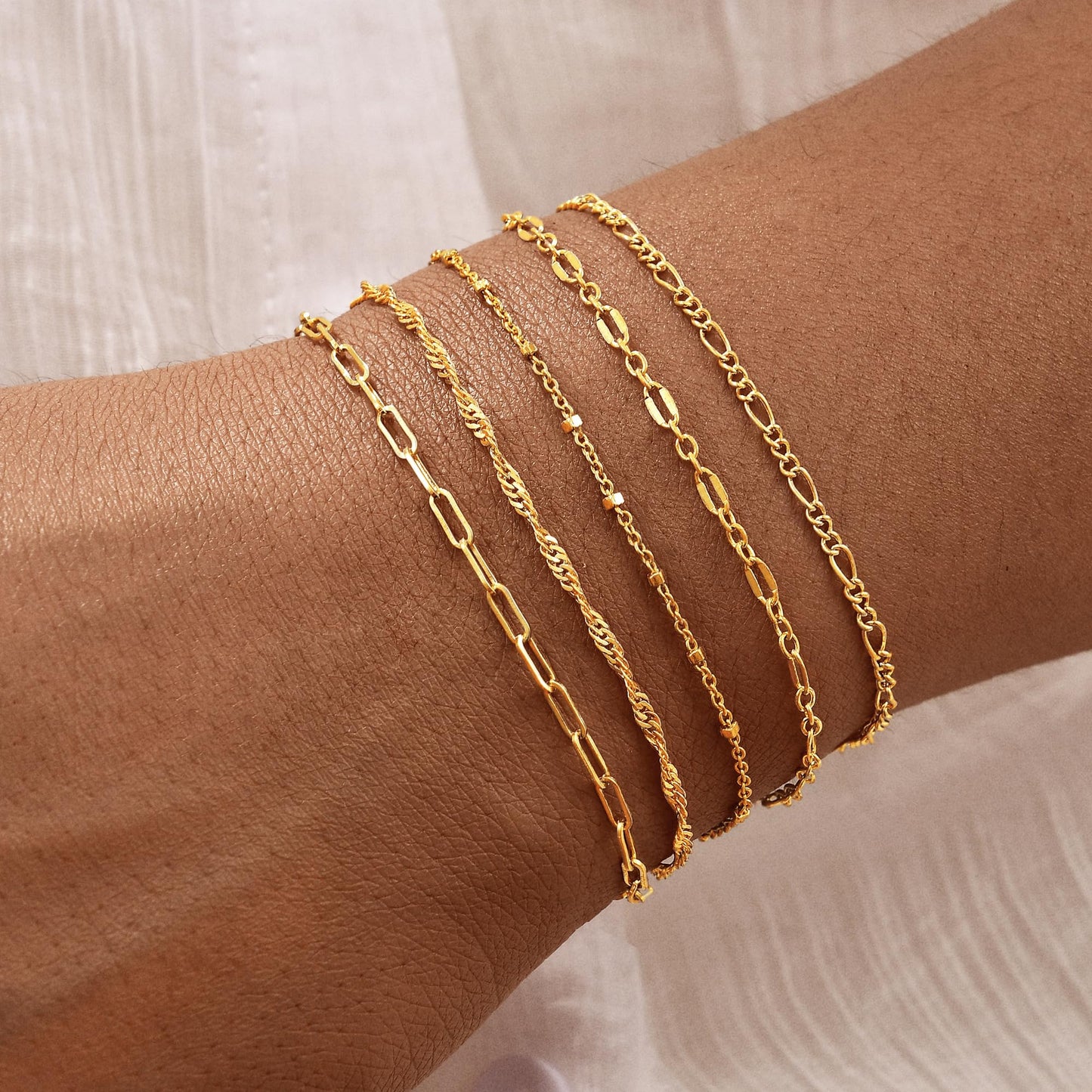 Striviio Gold Bracelets for Women, 14K Gold Plated Stackable Bracelet Stack Set Adjustable Charm Small Square Chain Snake Link Layered Waterproof Jewelry Sets Gifts