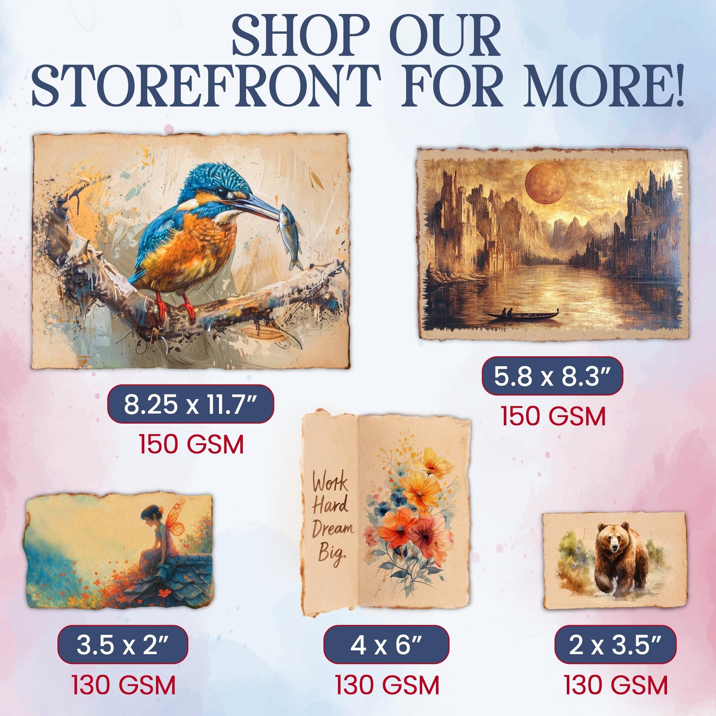 Wanderings Handmade Antique Deckle Edge Blank Cards - 4" x 6" Package of 50 - Mixed Media Cards for Announcements Invitations Crafts - Thick Deckled Edge Paper 150 GSM Recycled Paper