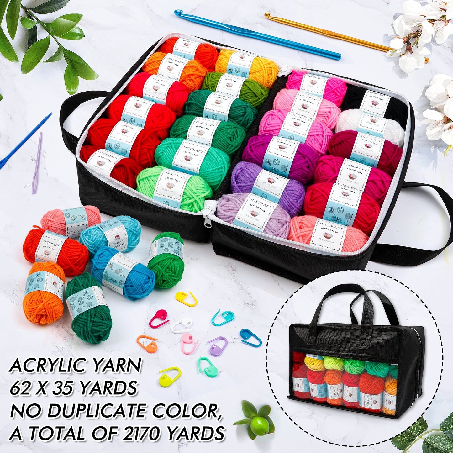 Inscraft 62 Acrylic Yarn Skeins, 2170 Yards Yarn for Knitting and Crochet, Includes 2 Crochet Hooks,2 Weaving Needles,10 Stitch Markers, Perfect Beginner Kit for for Adults Kids