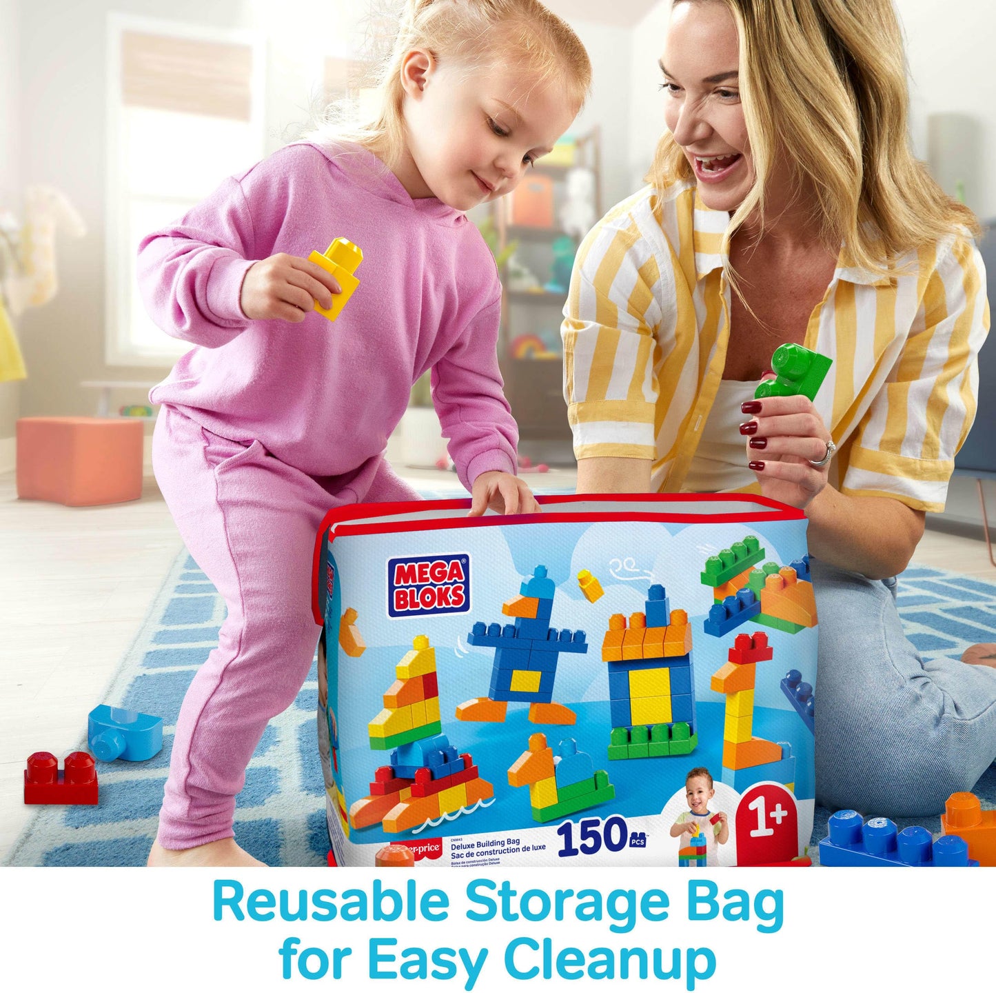 MEGA BLOKS First Builders Toddler Blocks Toys Set, Deluxe Building Bag with 150 Pieces and Storage, Creative Open-Ended Play, Blue, Ages 1+ Years (Amazon Exclusive)