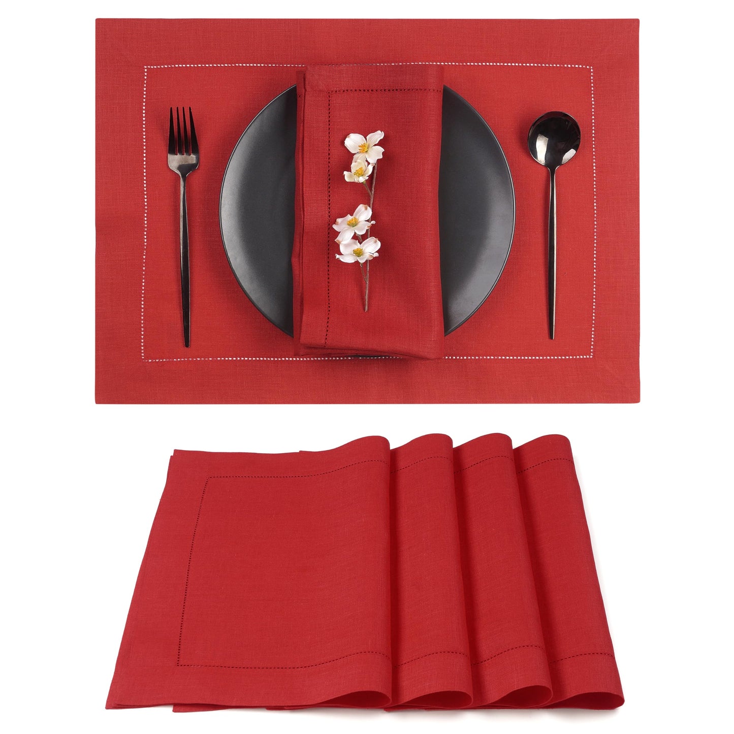 D'Moksha Homes Linen Placemats Set of 4 - Classic Hemstitch Bright Red Placemats 14 x 19 Inch - 100% Pure Linen Table Mats for Mothers Day, Spring - Handcrafted and Machine Washable