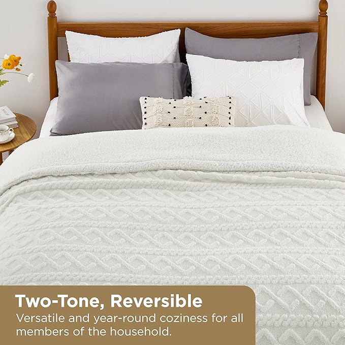Bedsure Sherpa King Size Blanket for Bed- GentleSoft Fleece Fluffy & Cozy Cable Jacquard Tufted for Women Gift, Thick and Warm Blankets for Winter, Cream, 108x90 Inches