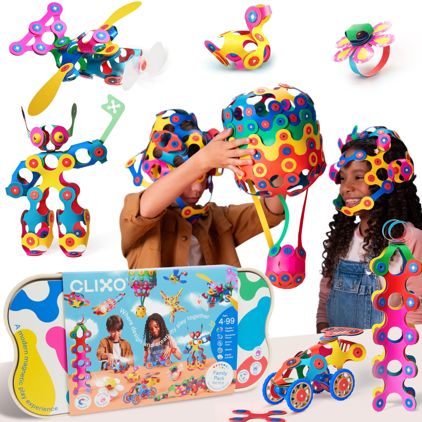Clixo Mega Pack – 150-Piece Flexible Magnetic Building Toy for Creative Family Play | STEAM Learning, Open-Ended Play. Perfect for Collaborative Fun, Travel, and Educational Bonding. Ages 4+