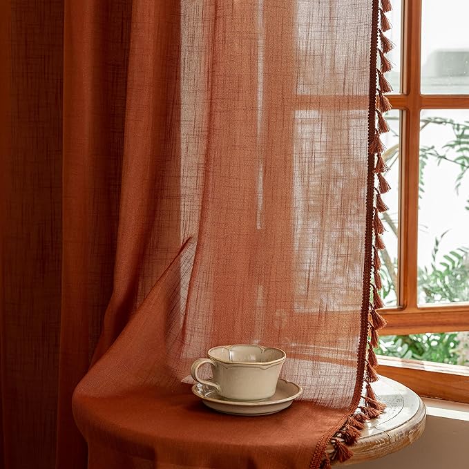 MYSKY HOME Bohemian Macrame Curtains 84 Inches Long for Living Room,Semi Sheer Light Filtering Privacy Drapes Farmhouse Coutry Home Decor for Bedroom, 50" W×84" L, Terracotta, 2 Panels