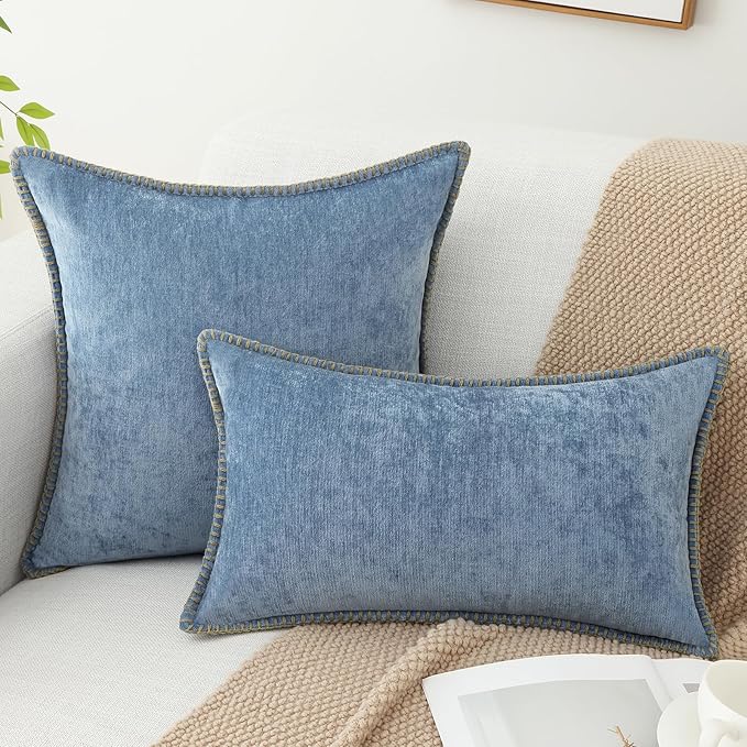 decorUhome Chenille Soft Throw Pillow Covers 22x22 Set of 2, Farmhouse Velvet Neutral Decorative Euro Pillow Covers with Stitched Edge for Couch Sofa Bed Home Decor, Blue