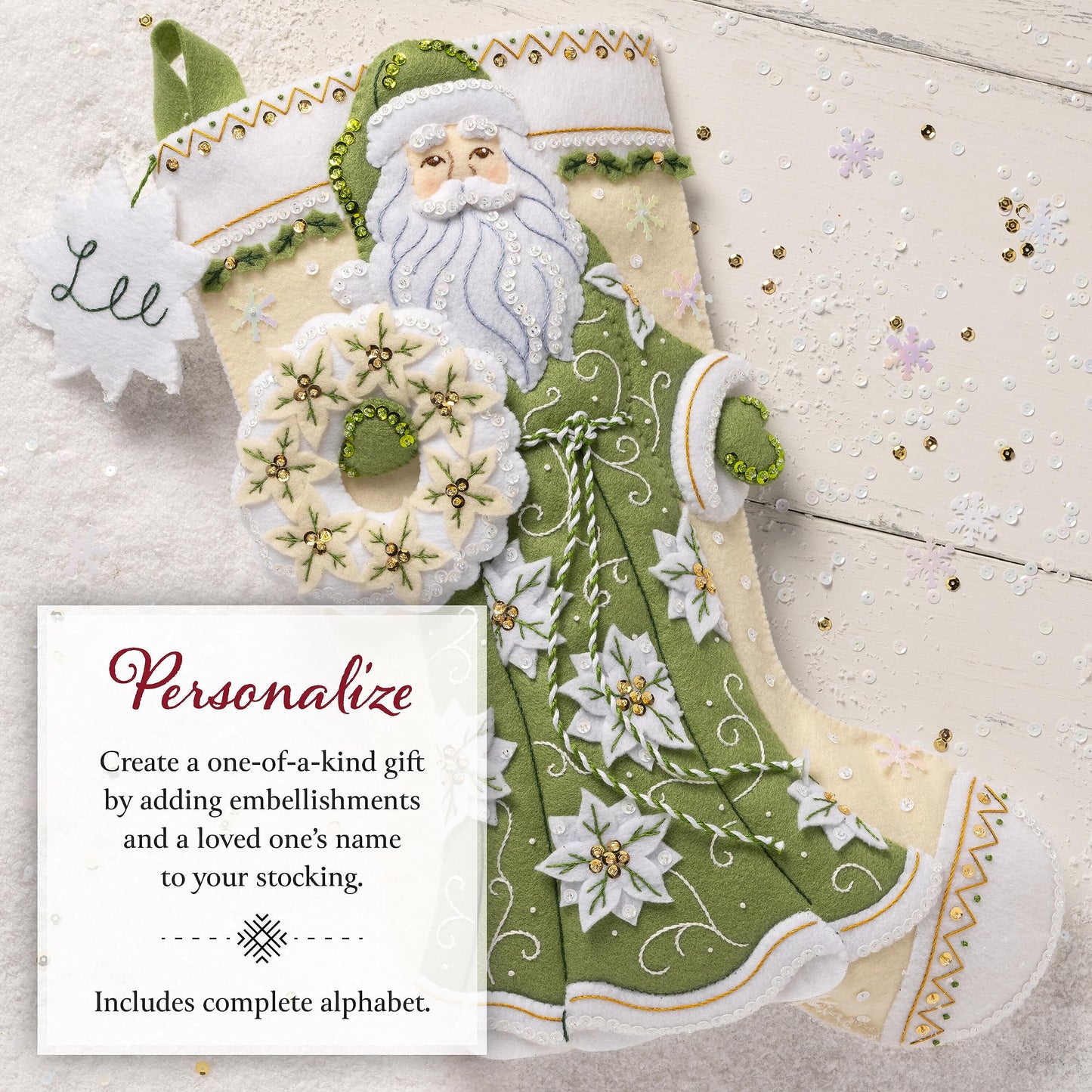 Bucilla Felt Applique 18" Stocking Making Kit, White Poinsettia Santa, Perfect for DIY Arts and Crafts, 89602E
