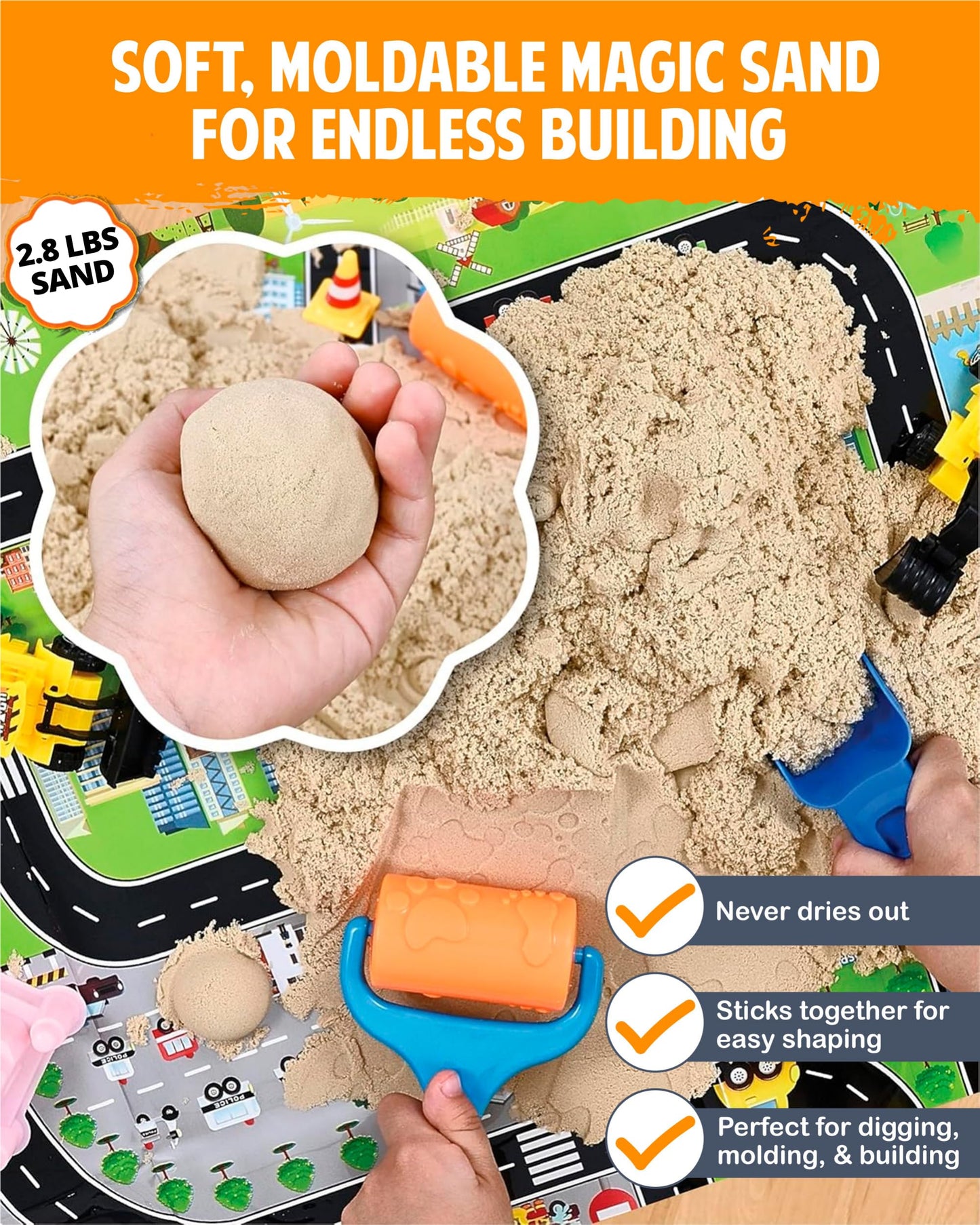Riyo Play Construction Sensory Bin for Toddlers with 2-in-1 Play Mat & 2.8lbs Moldable Sand, Kids Sensory Bin with Lid & Handle, Toddler Sensory Kit Boys & Girls, Learning Activity, Gift Ages 3+