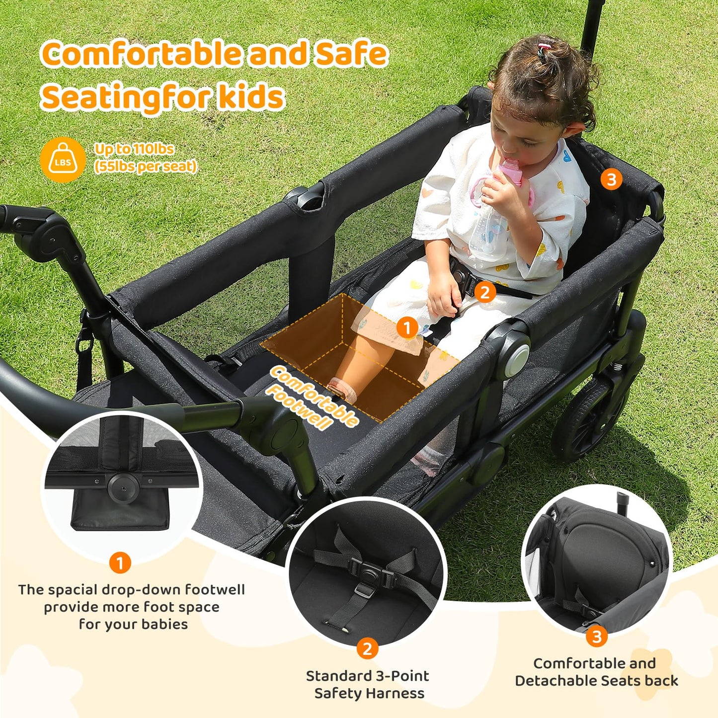 ELEMARA Foldable Wagon Stroller, Stroller Wagon for 2 Kids, Premium All Terrain Wagon for Kids with Removable Canopy, Adjustable Push/Pull Handle, Harnesses, Large Storage Bag, Black