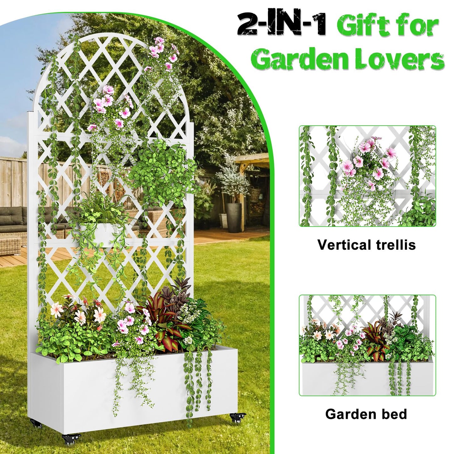 Metal Planter Box with Trellis, Raised Garden Bed with Drainage Hole, Privacy Screen, Wheels, 73"x 35"x 16" Planters Box for Climbing Plants Vegetable Vines, Space-Saving Design, White