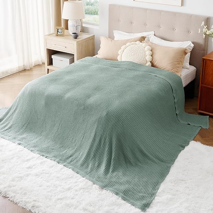 Bedsure 100% Cotton Large Blanket Oversized King for Bed - Breathable Waffle Weave Blanket for Summer Spring, Couch Cover, Sage Green, 120x94 inches