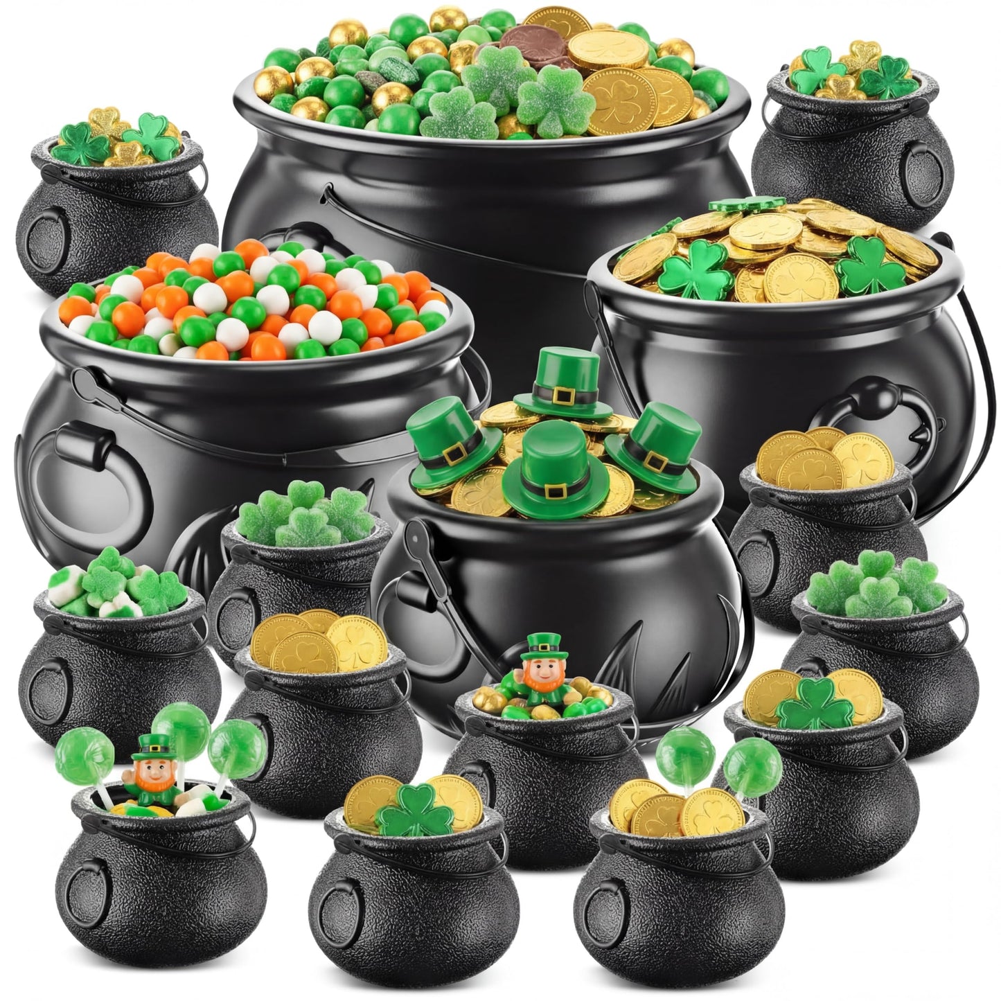 Threehoney 16 in 1 St. Patrick's Day Cauldron 12.8 9.8 7.6 5.7 2.7 Large Witch Leprechaun Pot for Irish Party Decoration Plastic Cauldron with Portable Carrying Handle Black Candy Pot Indoor Outdoor
