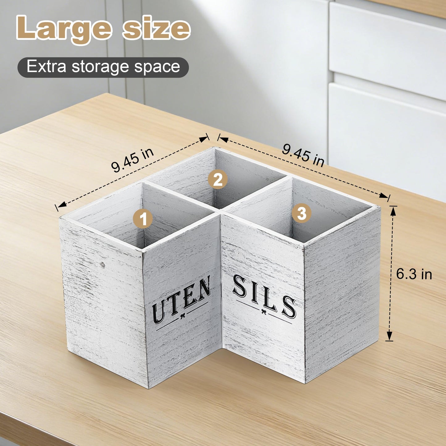 DTXIAQIAO Extra Large Kitchen Utensil Holder for Countertop, Three Compartment Wooden Utensil Holder Farmhouse Decor Perfect for Storing Spatulas and Cooking Tools