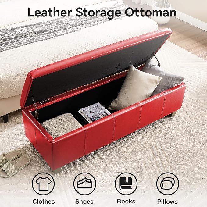 41" Faux Leather Storage Ottoman, Stitch Tufted Rectangle Upholstered End of Bed Storage Bench, Entryway Large Couch Ottoman with Wooden Legs,Red