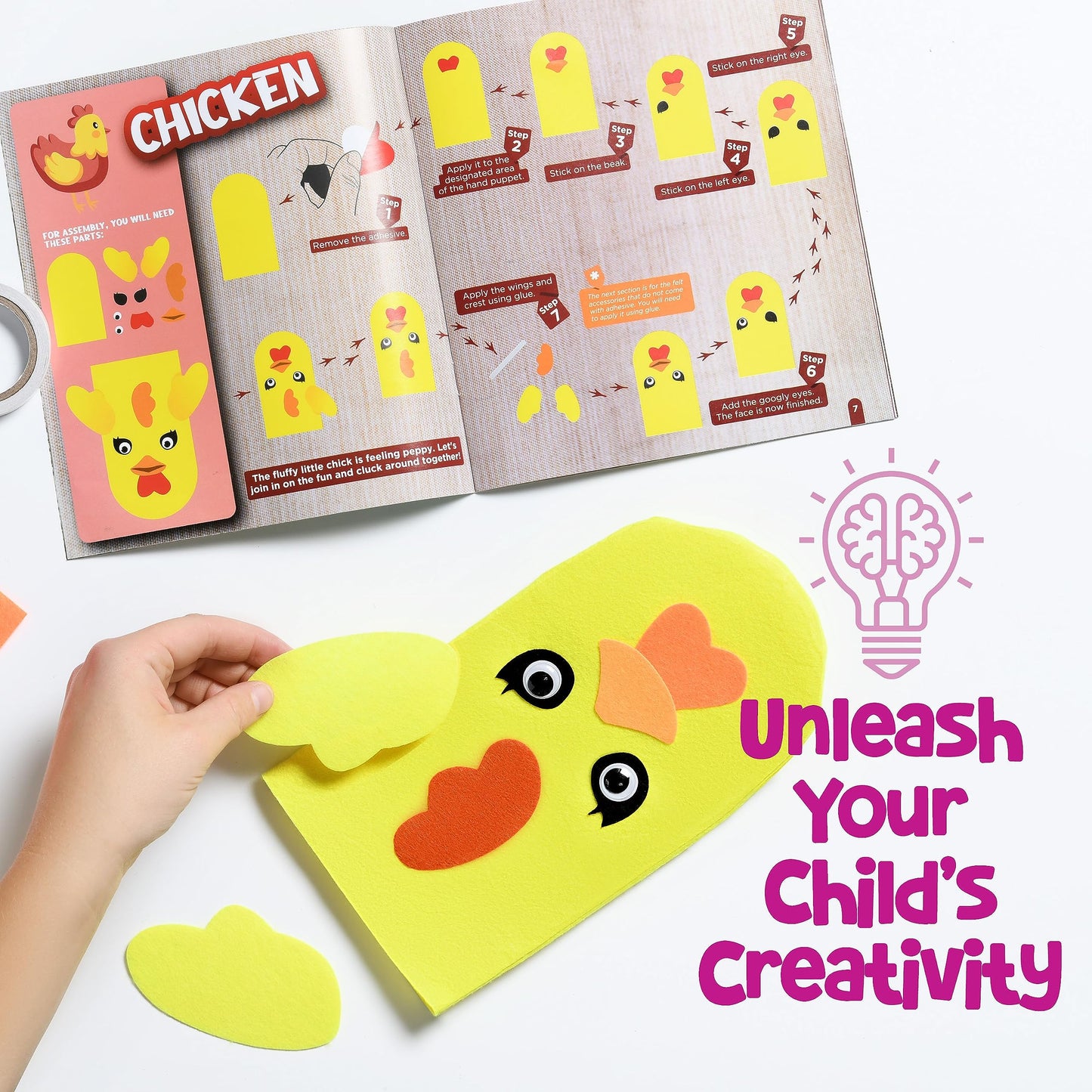 Hand Puppet Kit – Make Your Own Animal Characters, 10 Felt Pieces, Simple Step-by-Step Instructions, Arts & Crafts Activity for Kids, Role Play & Storytelling Birthday Gift