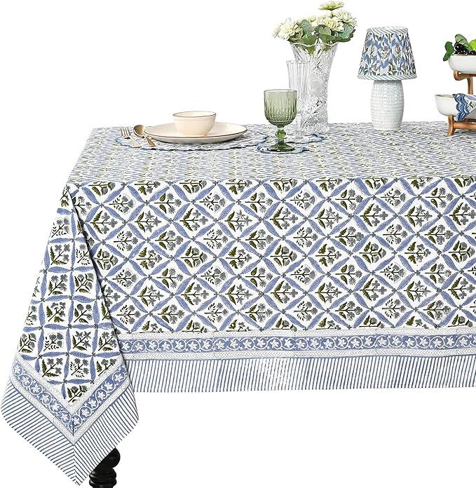 Ridhi Hand Block Print Light Steel Blue Rectangle Cotton Tablecloth 118" x 70" Reusable Table Cover Decorative Everyday Use for Dining, Farmhouse, Home Gift for Spring, Easter, Valentine