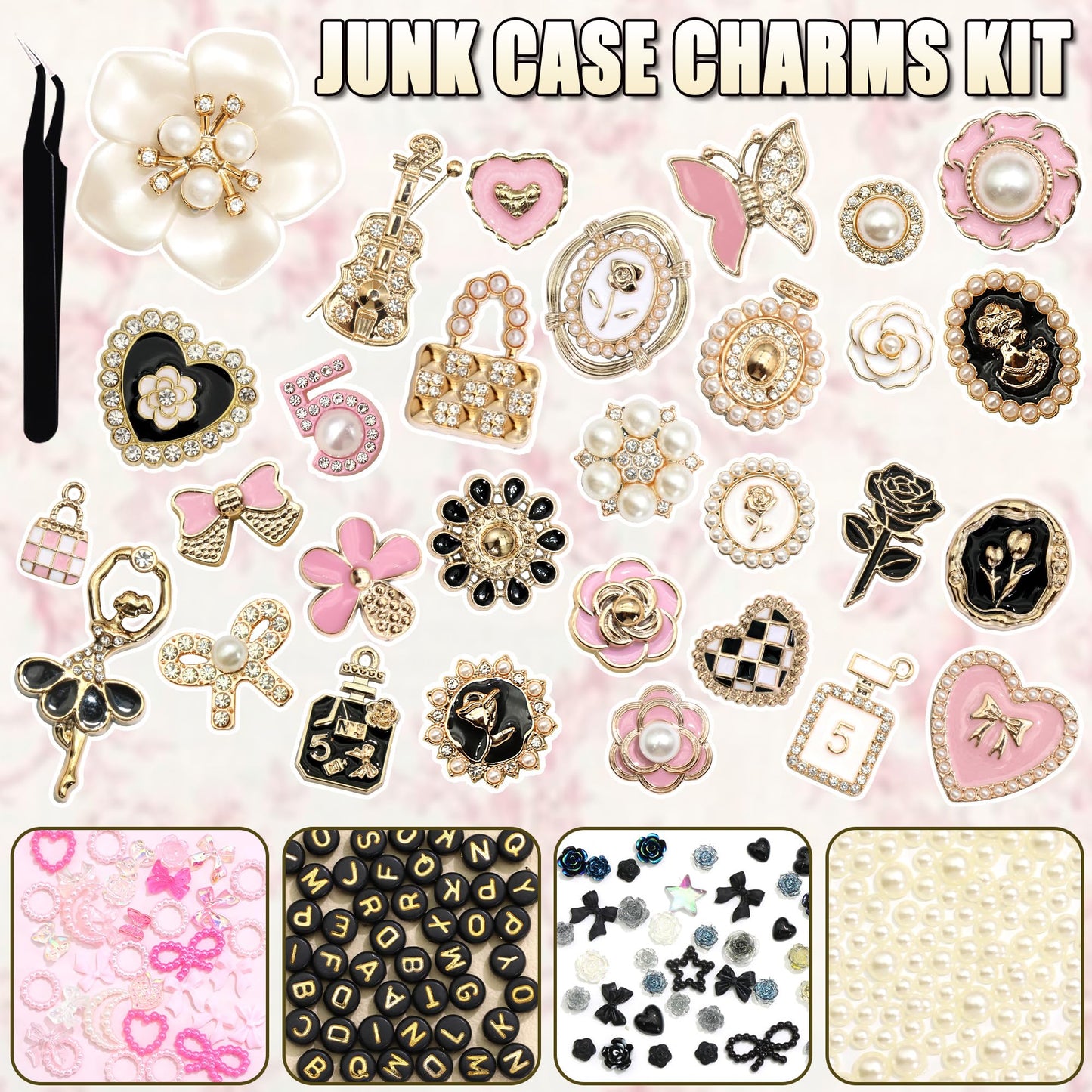 BELICEY Junk Case Charms Kit Gold Pink Flower Big Charm for Junk Cases 3D Vintage Bow Heart Rose Phone Case Charms Flatback Butterfly for DIY Personalization