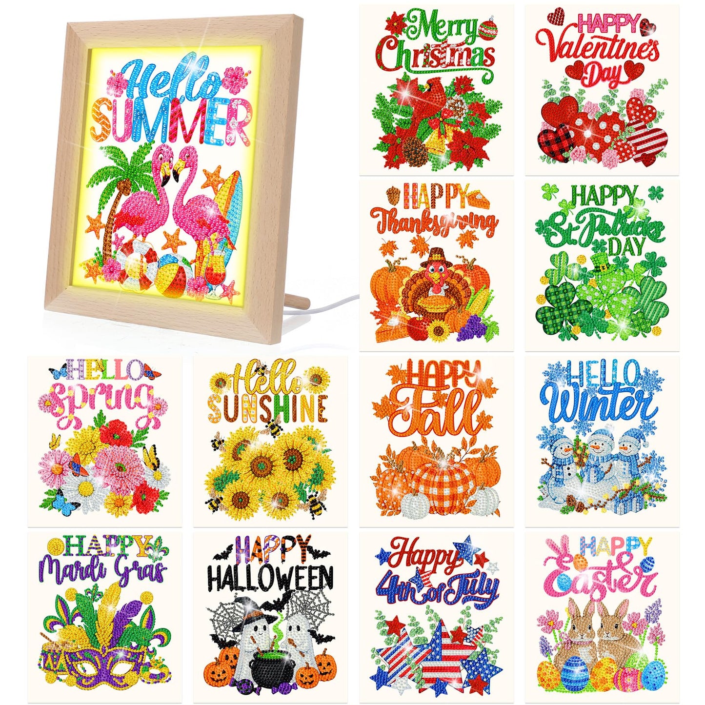Chunful 13 Pcs Interchangeable Diamond Art Kits for Adult Seasonal Summer Diamond Painting with Wooden Light Frame Holiday Patriotic 5d Rhinestones Tabletop Decor for DIY Craft Gift, Table Tiered Tray