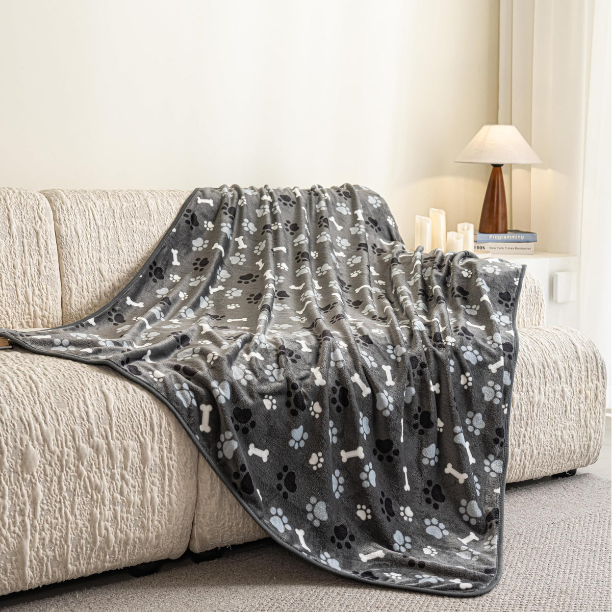 AIWEK Dog Blanket Paw Bone Pattern 1 Pack 2 Super Soft Warm Flannel Sofa Cover Car Bed Protector, Urine Proof Washable Outdoor Pet Blanket for Puppy Large Dogs & Cats,40"*30" Beige