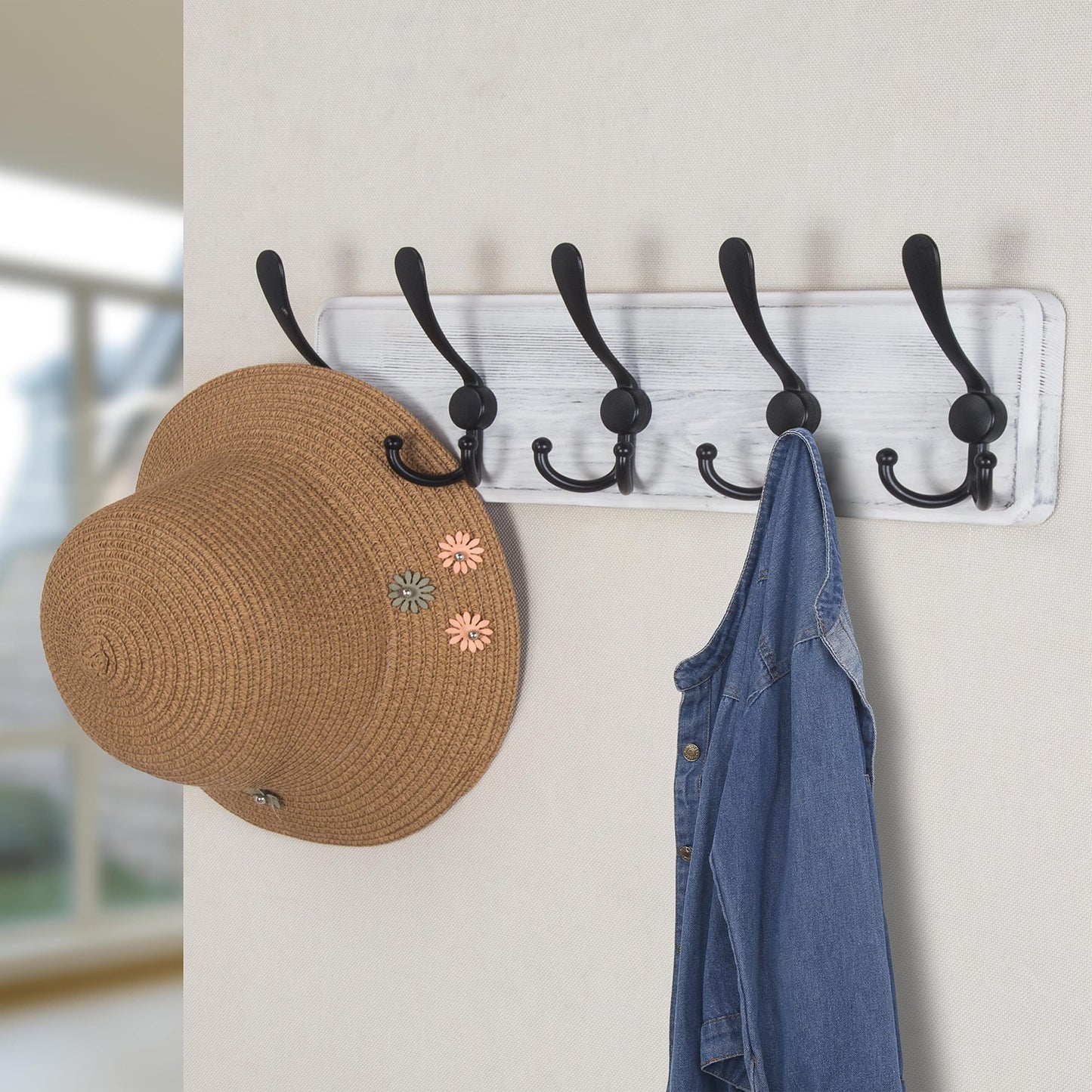 Dseap Coat Rack Wall Mounted - 5 Tri Hooks, Heavy Duty, Wooden Wall Coat Hanger Coat Hook for Clothes Hat Jacket Clothing, White & Black